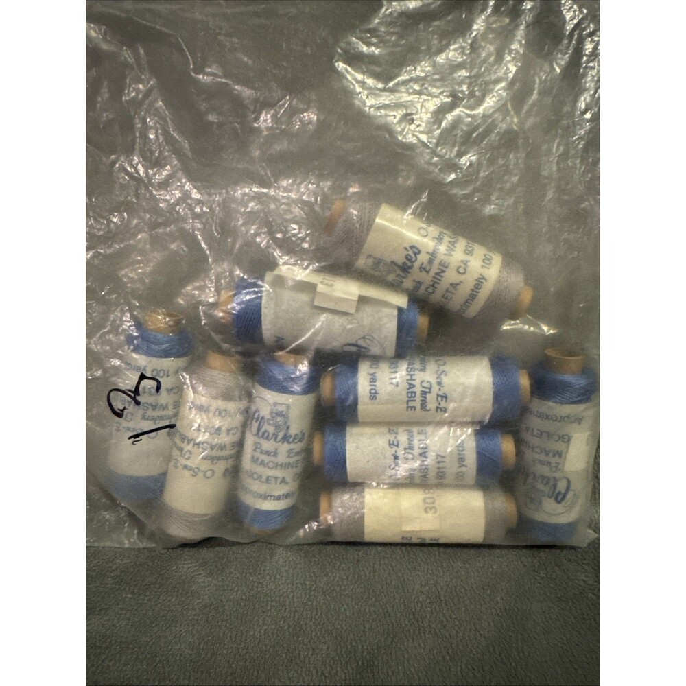 Vintage 80s 9 pc Punch Embroidery Thread Clarke's 3 Gray 6 Blue Bag 13
